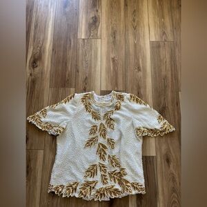Creative Touch womens 100% silk White and Gold Leaf Patterned blouse